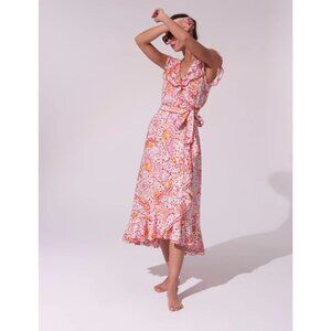 Poupette St. Barth Aude Midi Wrap Dress Ruffled Orange Ailes BUtterfly Print S